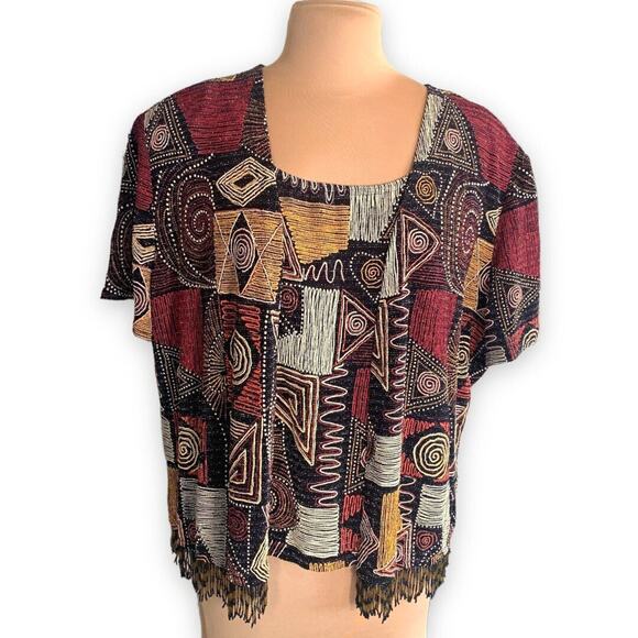 Vintage Beaded Abstract Tribal Art Cardigan Tank Set Burgundy Black Large - Picture 13 of 13